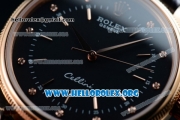 Rolex Cellini Time Clone Rolex 3132 Automatic Rose Gold Case with Black Dial and Black Leather Strap - 1:1 Origianl (BP)
