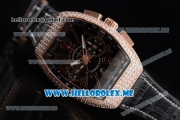 Franck Muller Vanguard Miyota OS20 Quartz Rose Gold Case with Black Dial Black Leather Strap and Diamonds Bezel