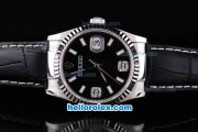 Rolex Datejust Automatic with Black Dial and White Bezel and Case--Diamond Marking-Small Calendar-Black Leather Strap Rolex Datejust Automatic with Black Dial and White Bezel and Case--Diamond Marking-Small Calendar-Black Leather Strap