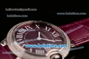 Cartier Ballon Bleu Swiss Quartz Stainless Steel Case with Burgundy Leather Strap Diamond Bezel and Burgundy Dial