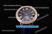 Cartier Ballon Bleu De Small Swiss Quartz Steel Case with Diamonds Bezel Blue Dial and Blue Leather Strap - White Markers