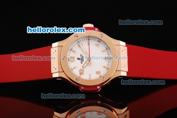 Hublot Big Bang Swiss Quartz Movement White Dial with Rose Gold Stick Markers/Numerals and Red Rubber Strap-Lady Size