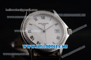 Patek Philippe Calatrava Miyota 9015 Automatic Steel Case with White Dial Black Leather Strap and Roman Numeral Markers Diamonds Bezel