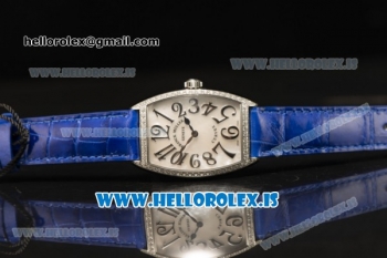 Franck Muller CINTREE CURVEX Diamond Bezel With Blue Calfskin Strap Swiss Ronda 762 Quartz White Dial