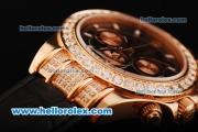 Rolex Daytona Chronograph Miyota Quartz Movement Rose Gold Case with Diamond Bezel and White Markers - Black Leather Strap