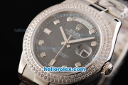 Rolex Day Date II Automatic Movement Full Steel with Double Row Diamond Bezel-Diamond Markers and Black MOP Dial