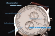 Patek Philippe Grand Complication Chronograph Miyota OS20 Quartz Steel Case with Stick Markers and Brown Leather Strap