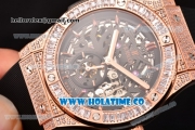 Hublot Classic Fusion Asia 6497 Manual Winding Diamonds/Rose Gold Case with Skeleton Dial Diamonds Bezel and Stick Markers