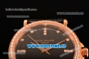 Patek Philippe Calatrava Miyota Quartz Rose Gold Case with Diamonds Bezel and Black Dial - Diamonds Markers