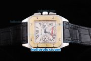 Cartier Santos 100 Quartz Movement Silver Case-Gold Bezel with White Dial-Sapphire Crystal Glass Face and Black Leather Strap