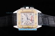 Cartier Santos 100 Quartz Movement Silver Case-Gold Bezel with White Dial-Sapphire Crystal Glass Face and Black Leather Strap