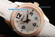 Chopard Happy Sport Swiss Quartz Movement Rose Gold Case with Diamond Bezel and White Leather Strap