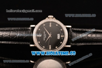 Patek Philippe Calatrava Miyota Quartz Steel Case with Diamonds Bezel and Black Dial - Diamonds Markers