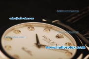 Rolex Cellini Swiss Quartz Steel Case with White Dial and Black Leather Strap-Diamond Markers