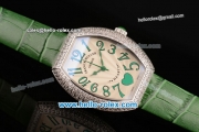 Franck Muller Heart Swiss Quartz Steel Case with Green Leather Strap Diamond Bezel and White Dial - ETA Coating