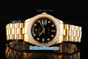 Rolex Day Date II Automatic Movement Full Gold with Diamond Bezel-Black Dial and Diamond Markers