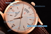 Jaeger LeCoultre Master Swiss ETA 2836 Automatic Rose Gold Case Brown Leather Strap White Dial with Stick Markers