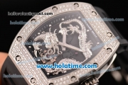 Richard Mille Tourbillon RM 057 Dragon Swiss ETA 2824 Automatic Steel&Diamonds Case with Black Rubber Strap and Silver Dragon Dial - 1:1 Original