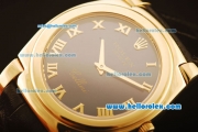 Rolex Cellini Swiss Quartz Yellow Gold Case with Dark Blue Dial and Black Leather Strap-Roman Markers