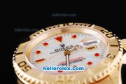 Rolex Yachtmaster Oyster Papetual Chronometer Automatic with White Dial and Full Gold Bezel,Case and Stap-Red Round Marking-Small Calendar