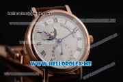 Breguet Classique Moonphase Miyota 9015 Automatic Rose Gold Case with Silver Dial Brown Leather Strap and Roman Numeral Markers (EF)