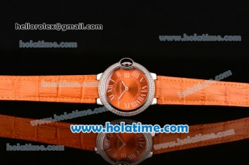 Cartier Ballon Bleu Swiss Quartz Stainless Steel Case with Orange Leather Strap Diamond Bezel and Orange Dial