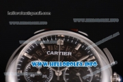 Cartier Rotonde De Chrono Miyota Quartz Steel Case with Black Skeleton Dial and Brown Leather Strap - Stick Markers