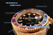 Rolex GMT-Master II Swiss ETA 2836 Automatic Gold Case with Colorful Diamond Bezel Black Dial and Yellow Gold Strap