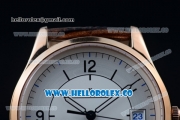 Jaeger-LECoultre Master Grande Ultra Thin Miyota 9015 Automatic Rose Gold Case with Sector Dial Arabic Numeral Markers and Brown Leather Strap