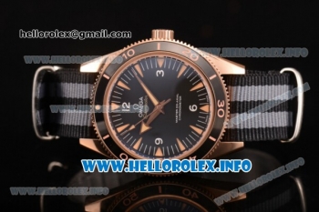 Omega Seamaster 300 Master Co-Axial Clone Omega 8500 Automatic Rose Gold Case with Black Dial Stick Markers and Black/Grey Nylon Strap