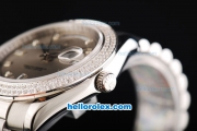 Rolex Day Date II Automatic Movement Full Steel with Double Row Diamond Bezel with Diamond Markers and Grey Dial