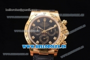 Rolex Cosmograph Daytona Clone Rolex 4130 Automatic Yellow Gold Case with Black Dial Diamonds Markers and Black Leather Strap (EF)