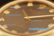 Rolex Cellini Swiss Quartz Yellow Gold Case with Brown Dial and Black Leather Strap-Diamond Markers