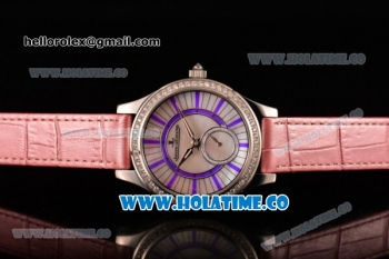 Jaeger-LeCoultre Lady Miyota Quartz Steel Case with White MOP Dial Purple Stick Markers and Pink Leather Strap - Diamonds Bezel