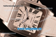 Cartier Santos 100 Large Asia Automatic Steel Case with White Leather Strap Black Roman Numeral Markers and White Dial