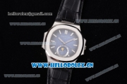 Patek Philippe Nautilus Miyota 9015 Automatic Steel Case with Blue Dial Black Leather Strap and Stick Markers