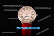 Cartier Ballon Bleu De Small Swiss Quartz Steel Case with Diamonds Bezel White Dial and Red Leather Strap - Black Markers