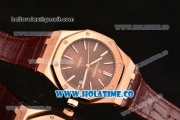 Audemars Piguet Royal Oak 41MM Asia Automatic Rose Gold Case with Brown Grids Dial White Stick Markers and Brown Leather Strap