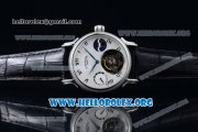 Patek Philippe Grand Complication Swiss Tourbillon Manual Winding Steel Case with White Dial Roman Numeral Markers and Black Leather Strap