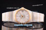 Omega Constellation Co-Axial Swiss ETA 2824 Automatic Steel Case with Yellow Gold Bezel and Yellow Gold Stick Markers-White MOP Dial