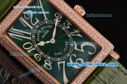 Franck Muller Long Island Swiss Quartz Rose Gold Case Diamond Bezel with Green Leather Strap and Green Dial