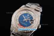 Rolex Day-Date Automatic Movement Full Steel with Blue Dial-Roman Markers and Diamond Bezel