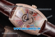 Franck Muller Casablanca Asia Automatic Rose Gold/Diamonds Case with Diamonds Dial and Arabic Numeral Markers Brown Leather Strap (ZF)