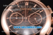 Cartier Rotonde De Chrono Miyota Quartz Rose Gold Case with Black Skeleton Dial and Brown Leather Strap - Stick Markers