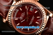 Rolex Day-Date Asia 2813 Automatic Rose Gold Case with Red Dial Stick Markers and Brown Leather Strap