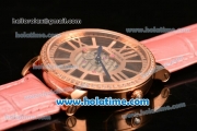 Cartier Rotonde De Swiss Quartz Rose Gold Case with Diamonds Bezel Skeleton Dial and Pink Leather Strap