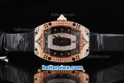 Richard Mille RM007 Automatic Movement Rose Gold Case with Diamond Hour Marker and Diamond Bezel-Black Leather Strap