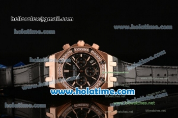 Audemars Piguet Royal Oak Chrono Miyota OS20 Quartz Rose Gold Case with Black Leather Bracelet Black Dial and Diamond Bezel - 7750 Coating