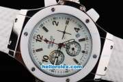 Hublot Big Bang Chronograph Quartz Movement White Bezel with White Dial and Silver Markers-White Rubber Strap