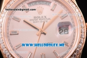 Rolex Day-Date Swiss ETA 2836 Automatic Rose Gold Case/Bracelet with Silver Dial and Stick Markers Diamonds Bezel (BP)